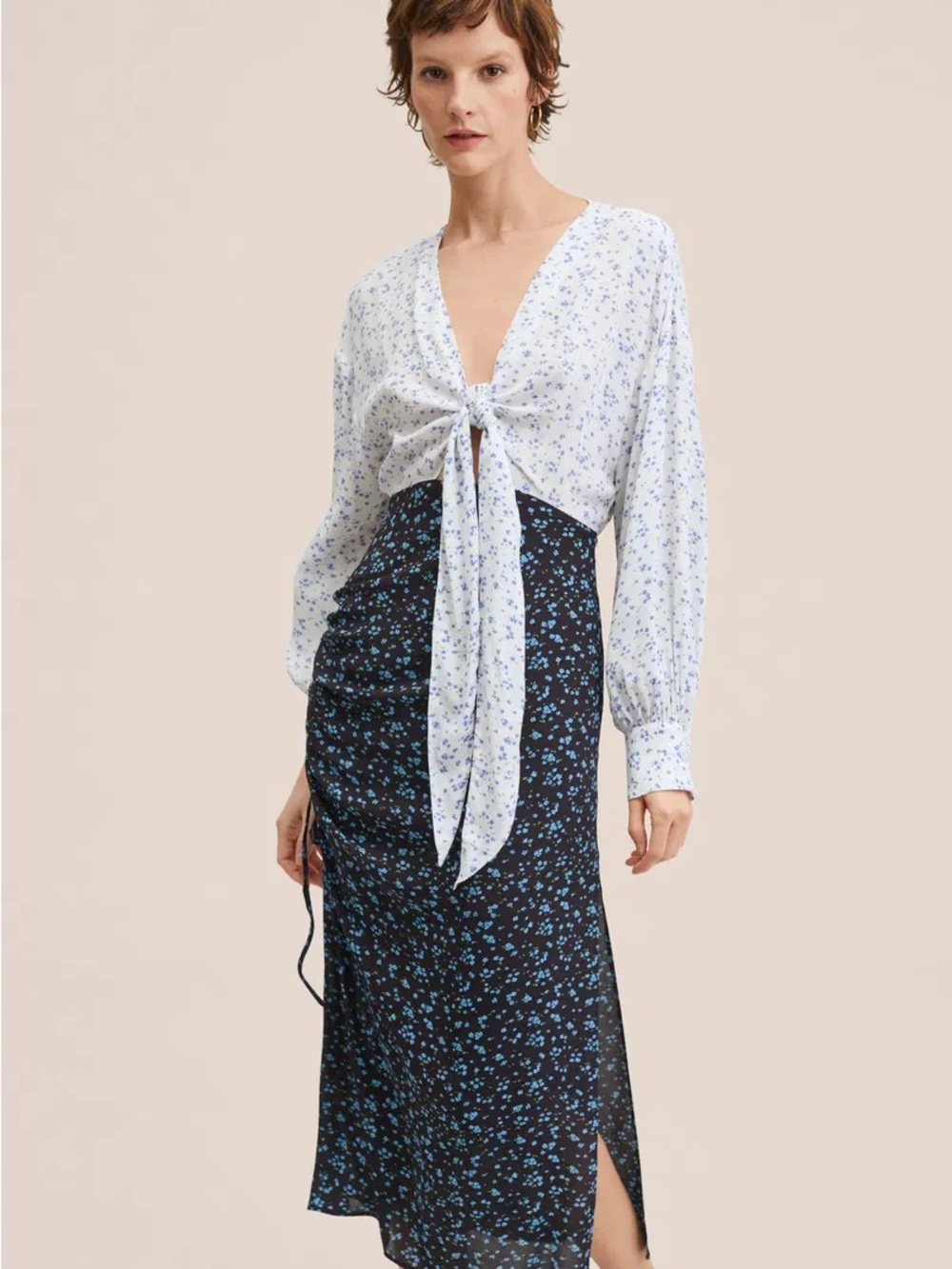 Mango Two-Tone Floral Long Sleeve Dress in White and Black with Blue Print